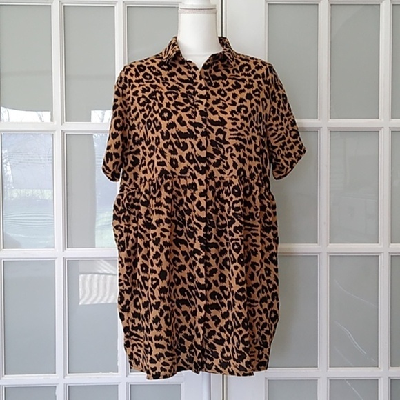 NWOT Missguided Brown Leopard Print Shirt Smock Mini Dress - Picture 4 of 16